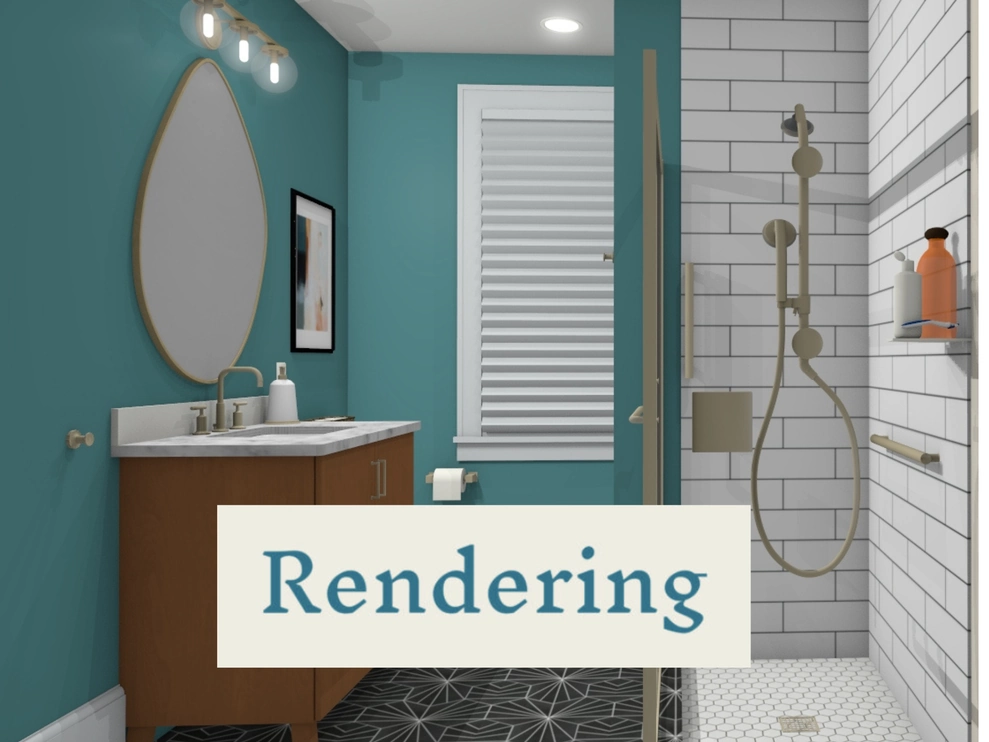 A modern bathroom rendering featuring a shower and a toilet, showcasing sleek design and functional layout.