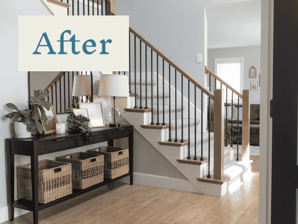 after images of a hallway showcasing a renovated staircase and updated decor.