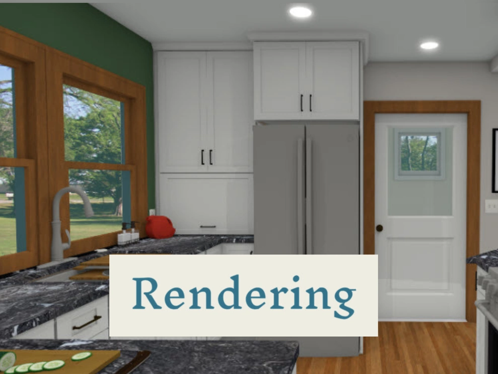 A kitchen rendering featuring a sink, stove, and refrigerator, showcasing a modern and functional design.