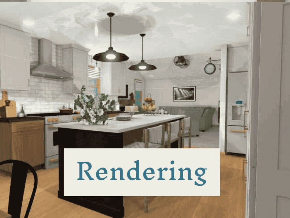 A modern kitchen connected to a dining area and living room, showcasing an open-concept layout with stylish furnishings.