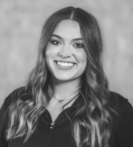 A black and white portrait of Morgan Galbraith