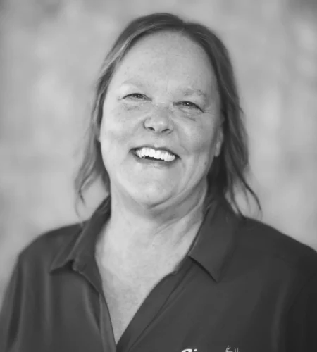 A black and white portrait of Vicki Hayne