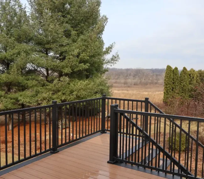 A deck featuring black railings with a tree visible in the background, creating a serene outdoor setting.